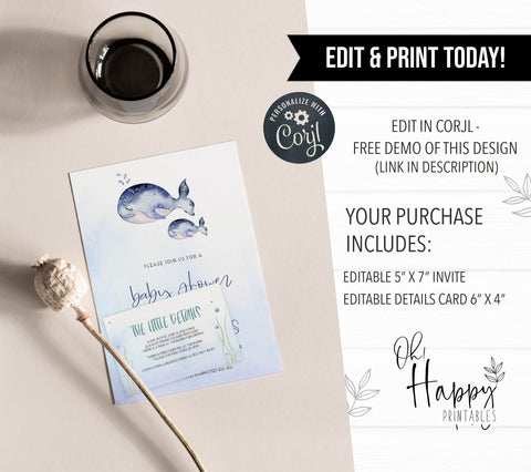 editable whale baby shower invitations, printable whale baby shower invitations, whale baby shower theme
