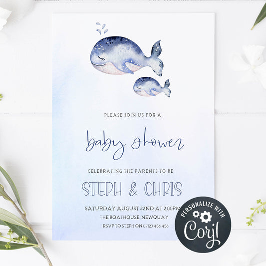 editable whale baby shower invitations, printable whale baby shower invitations, whale baby shower theme