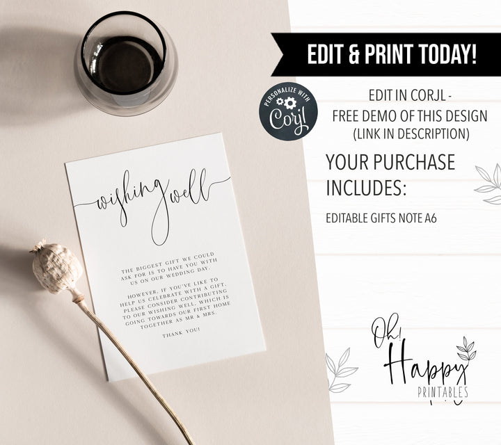 wishing well card, CALLIGRAPHY editable wedding invitation suite, editable wedding stationery, printable wedding stationery, modern wedding items, wedding save the dates