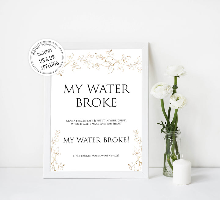 my water broke game, Printable baby shower games, gold leaf baby games, baby shower games, fun baby shower ideas, top baby shower ideas, gold leaf baby shower, baby shower games, fun gold leaf baby shower ideas
