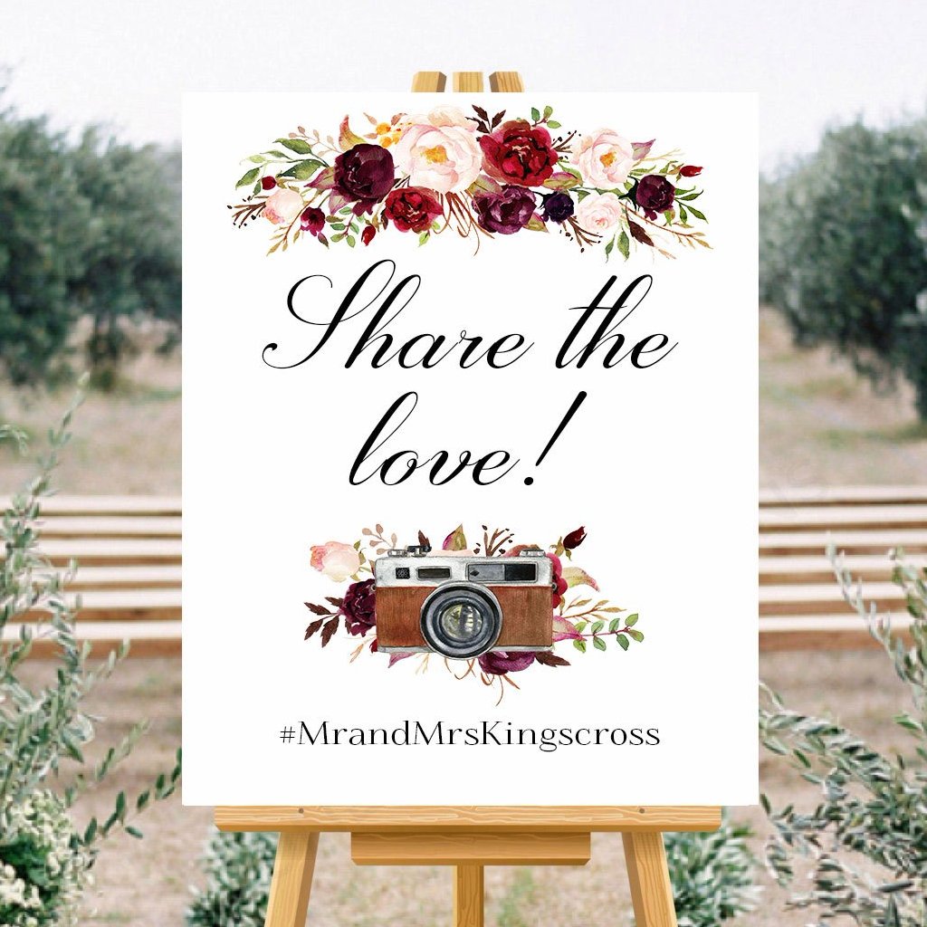 Share The Love Wedding Hashtag Marsala Floral White Sign Printable ...