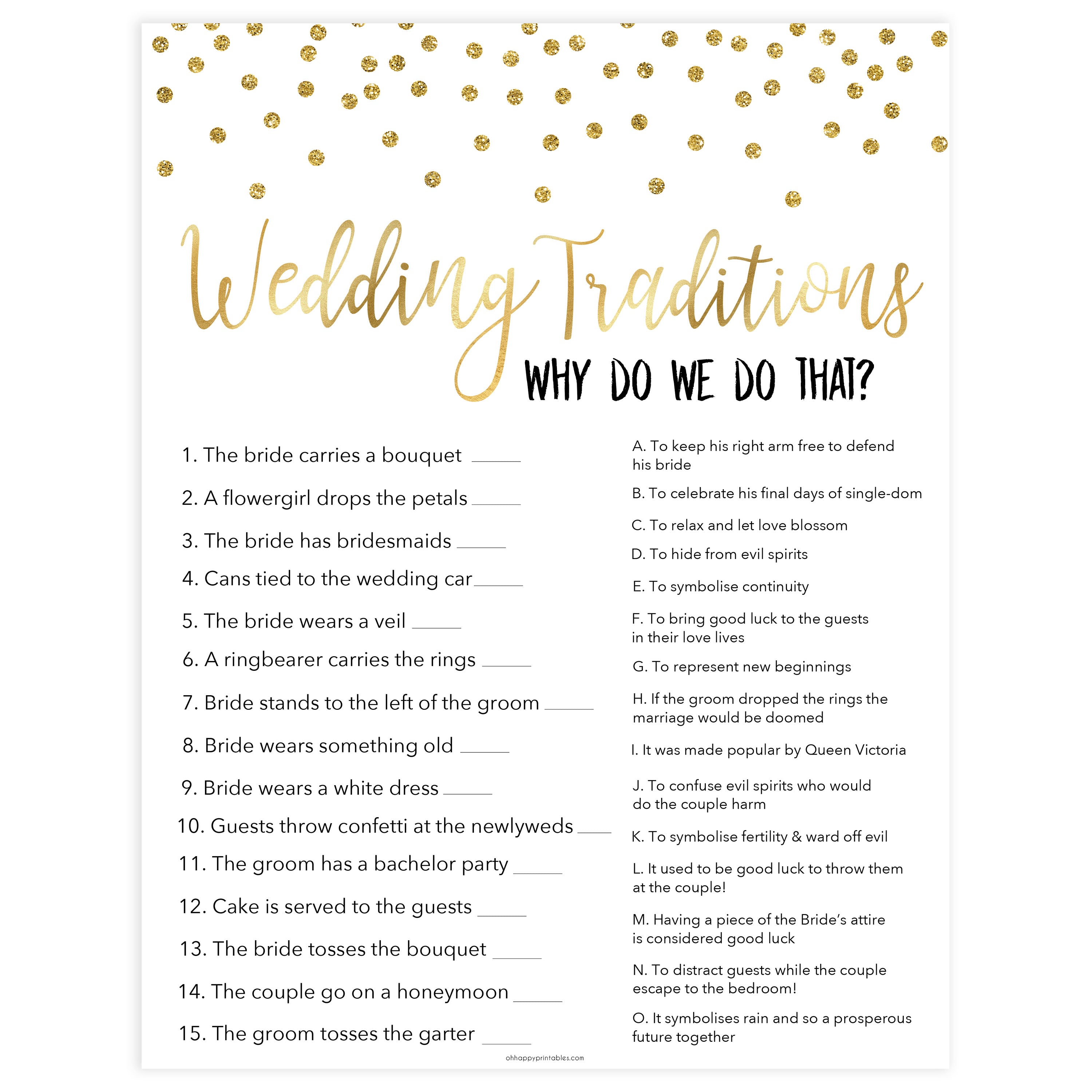 wedding traditions bridal game, Printable bridal shower games, gold glitter bridal shower, gold glitter bridal shower games, fun bridal shower games, bridal shower game ideas, gold glitter bridal shower