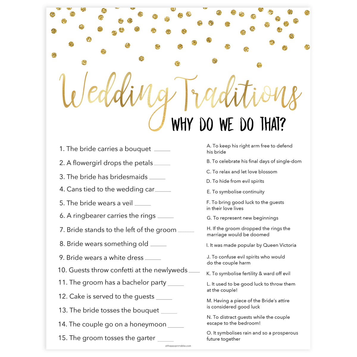 wedding traditions bridal game, Printable bridal shower games, gold glitter bridal shower, gold glitter bridal shower games, fun bridal shower games, bridal shower game ideas, gold glitter bridal shower