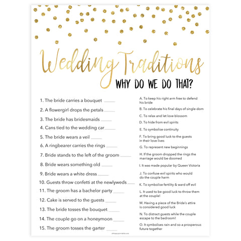 wedding traditions bridal game, Printable bridal shower games, gold glitter bridal shower, gold glitter bridal shower games, fun bridal shower games, bridal shower game ideas, gold glitter bridal shower
