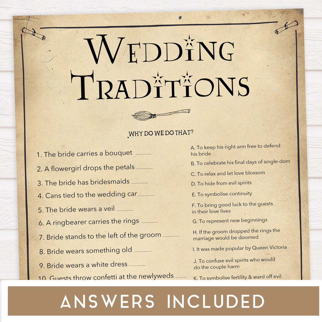 wedding traditions trivia game,  Printable bridal shower games, Harry potter bridal shower, Harry Potter bridal shower games, fun bridal shower games, bridal shower game ideas, Harry Potter bridal shower