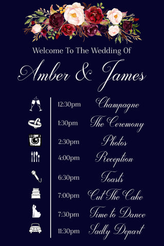 Wedding timeline sign in navy blue and marsala flowers