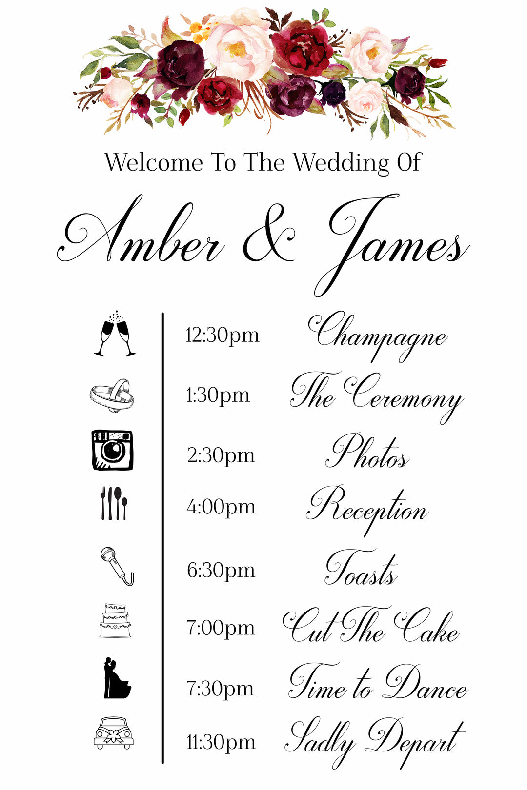 Wedding event timeline sign in white with marsala flowers