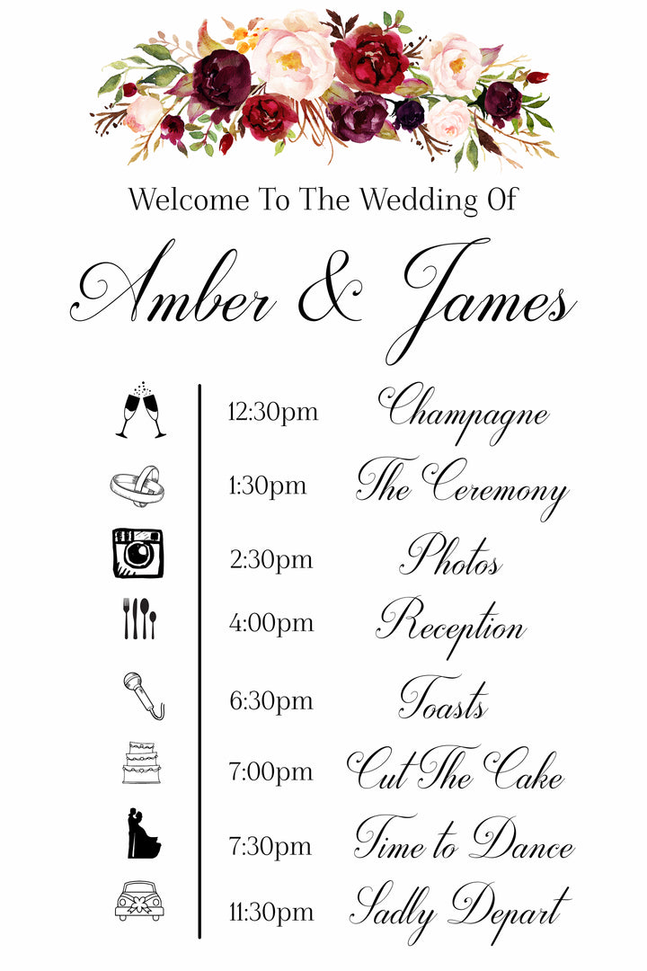 Wedding event timeline sign in white with marsala flowers