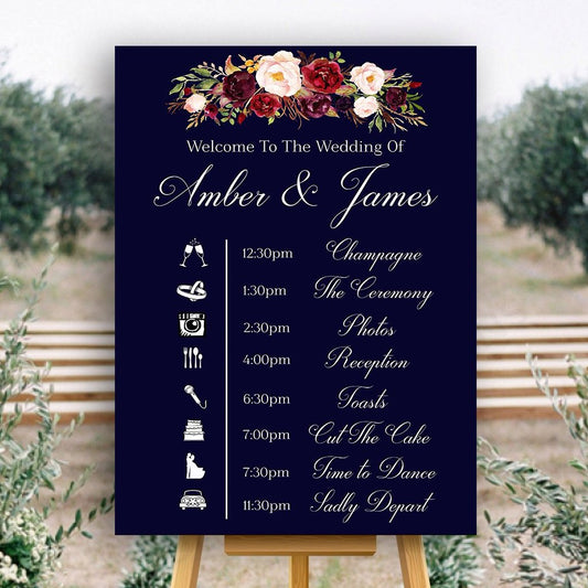 Wedding event timeline sign in navy blue with marsala flowers