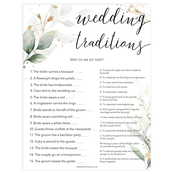 wedding traditions game, Printable bridal shower games, greenery bridal shower, gold leaf bridal shower games, fun bridal shower games, bridal shower game ideas, greenery bridal shower