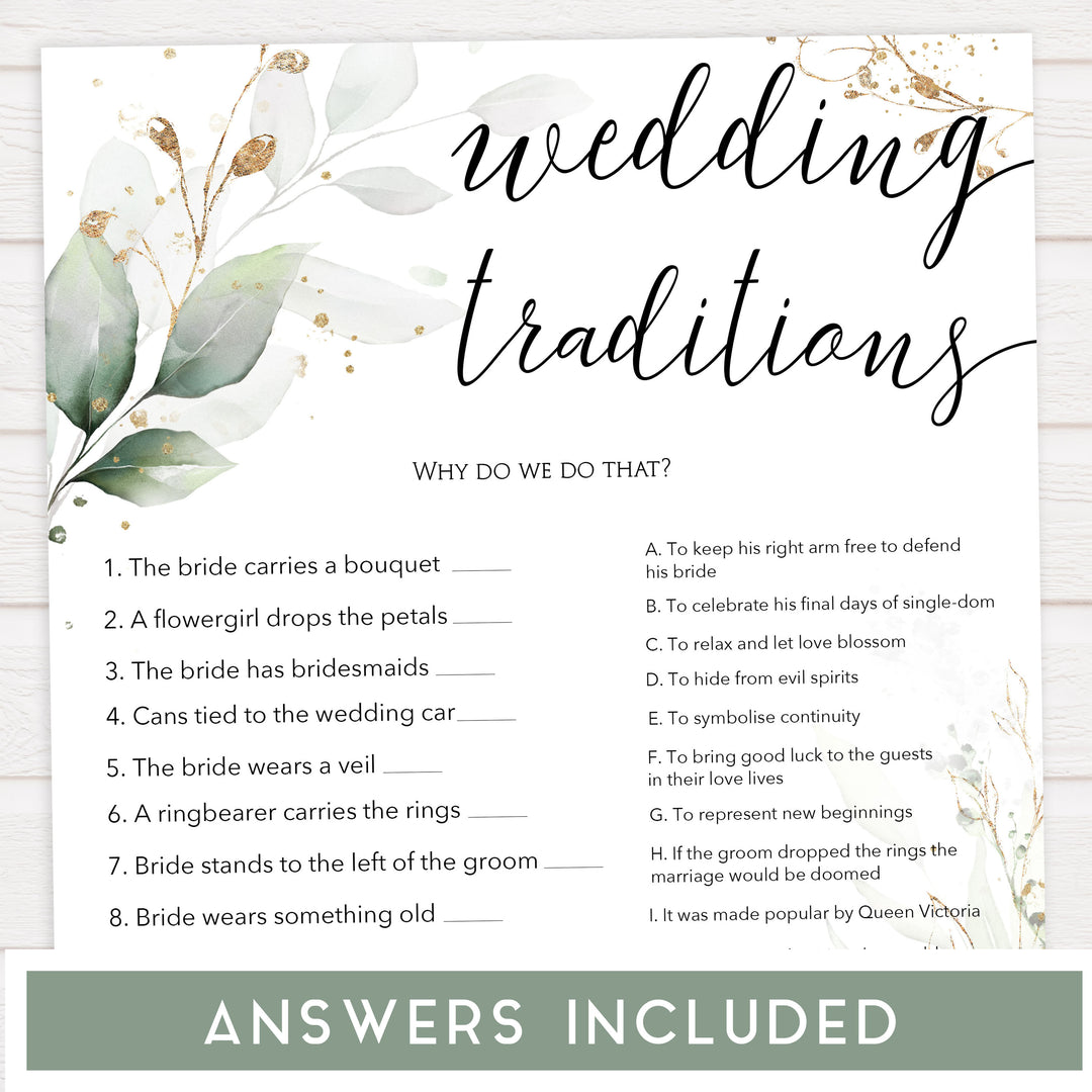 wedding traditions game, Printable bridal shower games, greenery bridal shower, gold leaf bridal shower games, fun bridal shower games, bridal shower game ideas, greenery bridal shower