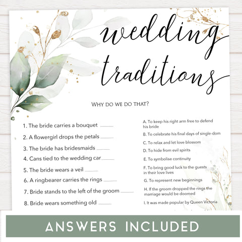 wedding traditions game, Printable bridal shower games, greenery bridal shower, gold leaf bridal shower games, fun bridal shower games, bridal shower game ideas, greenery bridal shower