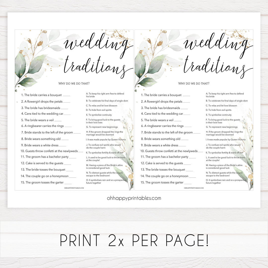wedding traditions game, Printable bridal shower games, greenery bridal shower, gold leaf bridal shower games, fun bridal shower games, bridal shower game ideas, greenery bridal shower