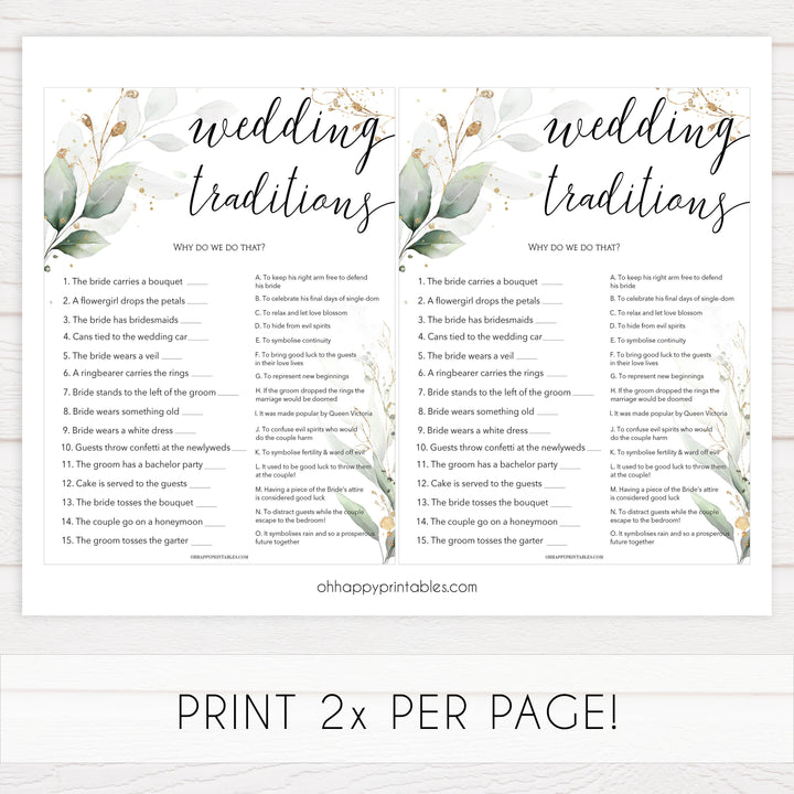 wedding traditions game, Printable bridal shower games, greenery bridal shower, gold leaf bridal shower games, fun bridal shower games, bridal shower game ideas, greenery bridal shower