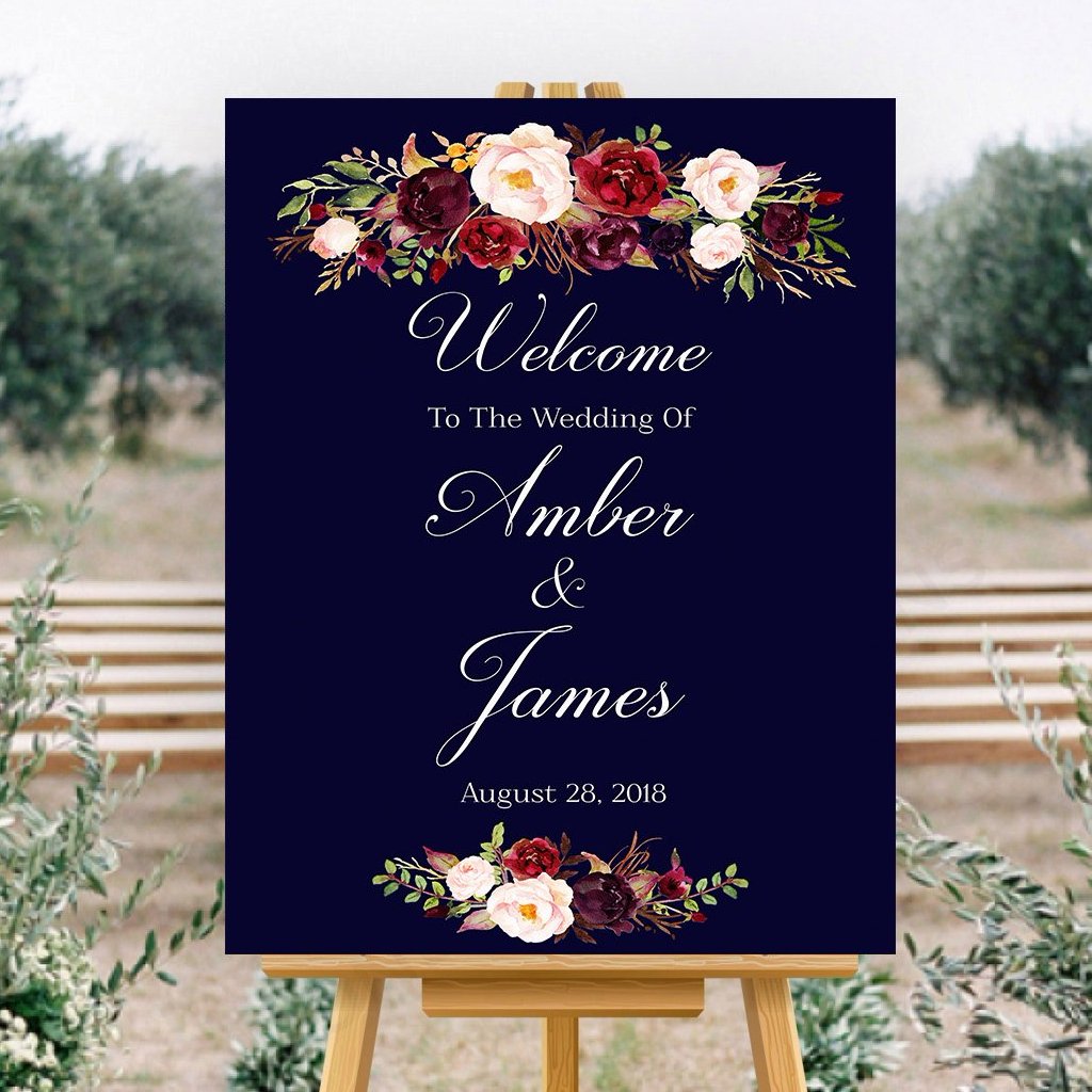 Welcome To Our Wedding Sign Marsala Floral Dark Blue Printable – OhHappyPrintables