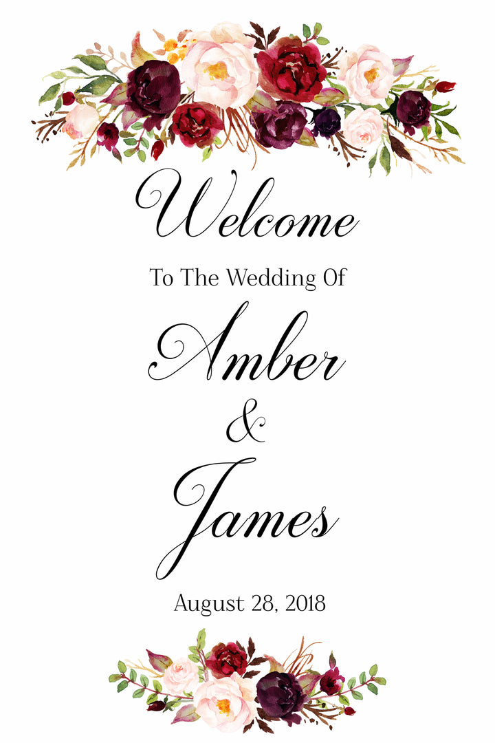 Welcome To Our Wedding Sign marsala floral White Sign