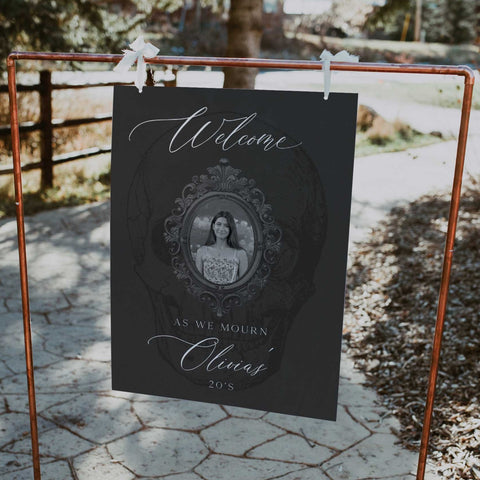 death to my twenties birthday welcome sign with an ornate frame, editable 20s birthday welcome sign