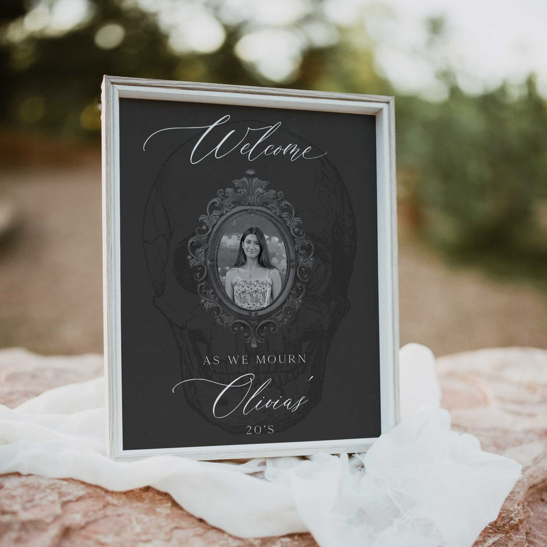 death to my twenties birthday welcome sign with an ornate frame, editable 20s birthday welcome sign