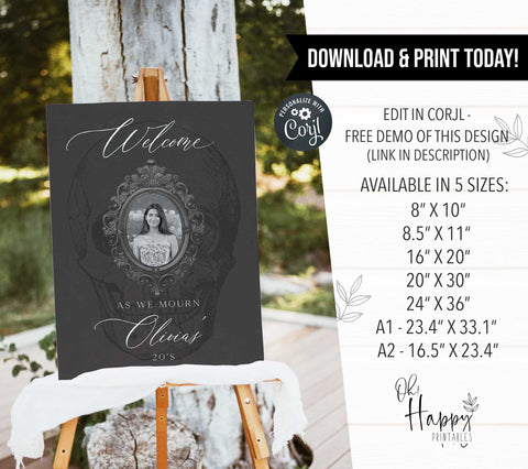 death to my twenties birthday welcome sign with an ornate frame, editable 20s birthday welcome sign