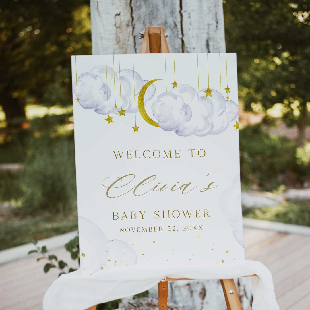 Fully editable and printable baby shower welcome sign with a twinkle little star design. Perfect for a twinkle little star baby shower themed party