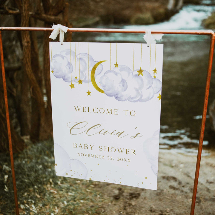 Fully editable and printable baby shower welcome sign with a twinkle little star design. Perfect for a twinkle little star baby shower themed party