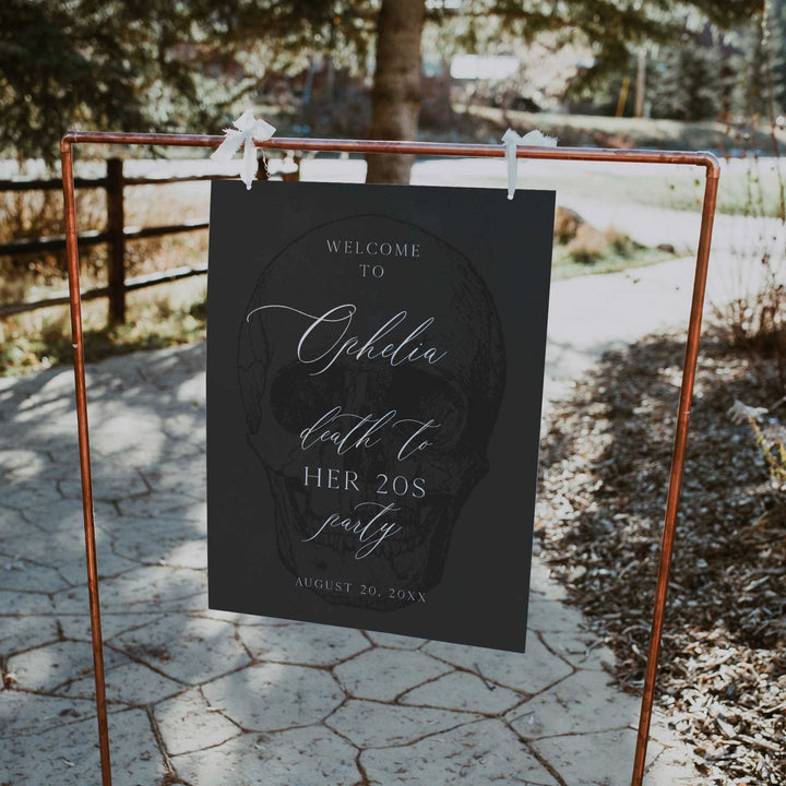 death to my twenties welcome sign with skull. Fully editable death to my 20s birthday welcome sign