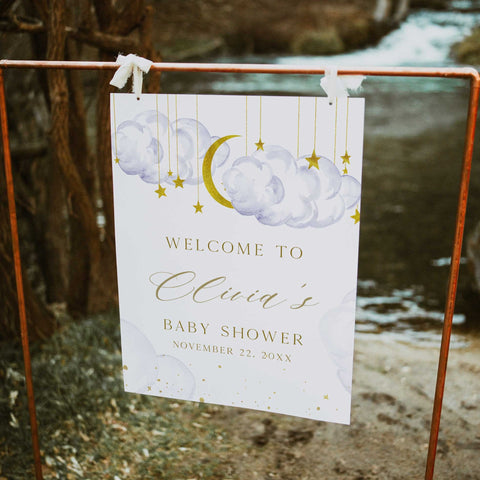 Fully editable and printable baby shower welcome sign with a twinkle little star design. Perfect for a twinkle little star baby shower themed party