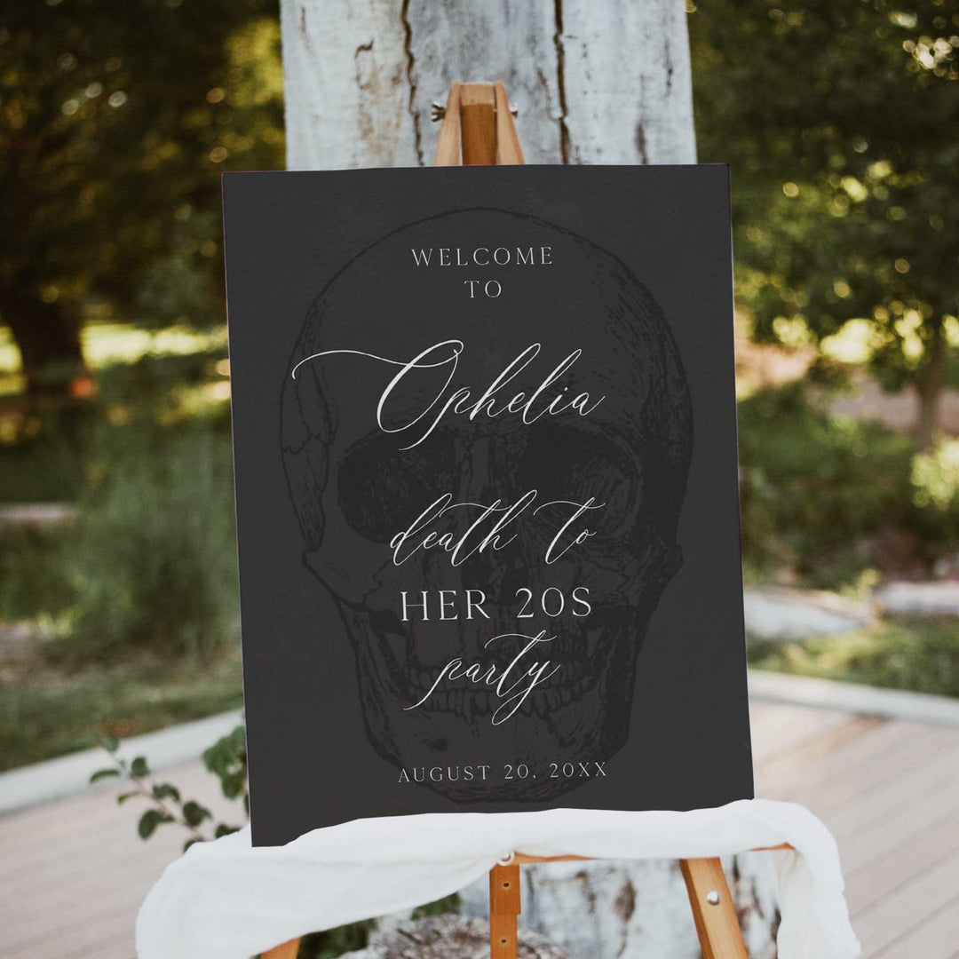 death to my twenties welcome sign with skull. Fully editable death to my 20s birthday welcome sign