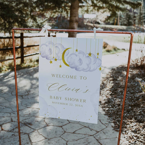 Fully editable and printable baby shower welcome sign with a twinkle little star design. Perfect for a twinkle little star baby shower themed party