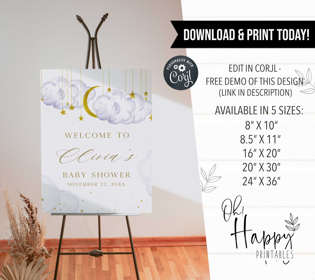 Fully editable and printable baby shower welcome sign with a twinkle little star design. Perfect for a twinkle little star baby shower themed party