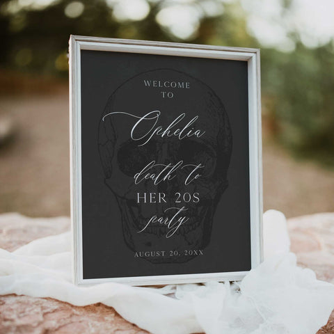 death to my twenties welcome sign with skull. Fully editable death to my 20s birthday welcome sign
