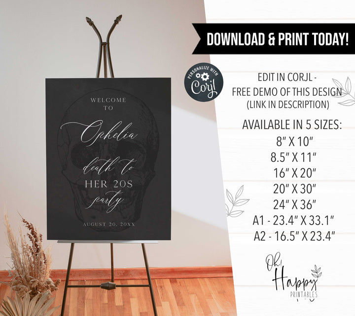 death to my twenties welcome sign with skull. Fully editable death to my 20s birthday welcome sign