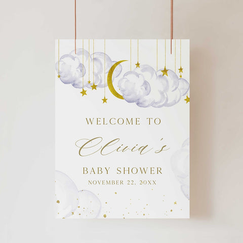 Fully editable and printable baby shower welcome sign with a twinkle little star design. Perfect for a twinkle little star baby shower themed party