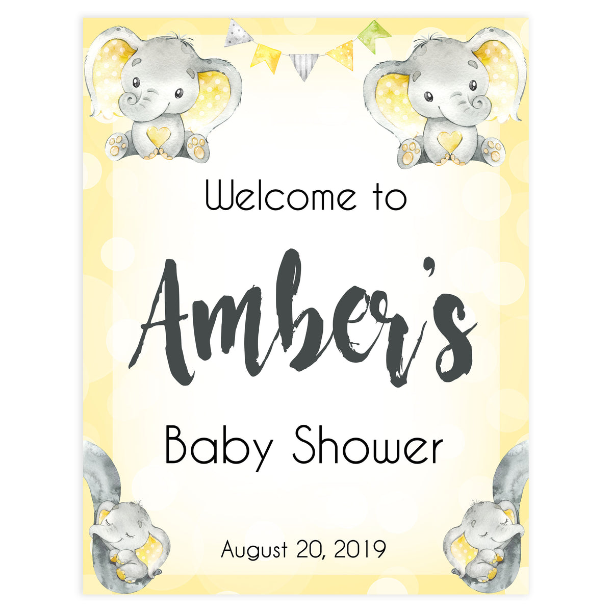 baby shower welcome sign, printable baby shower signs, baby welcome decor, yellow baby elephant baby shower, elephant baby shower