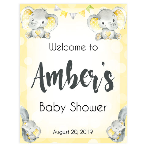 baby shower welcome sign, printable baby shower signs, baby welcome decor, yellow baby elephant baby shower, elephant baby shower