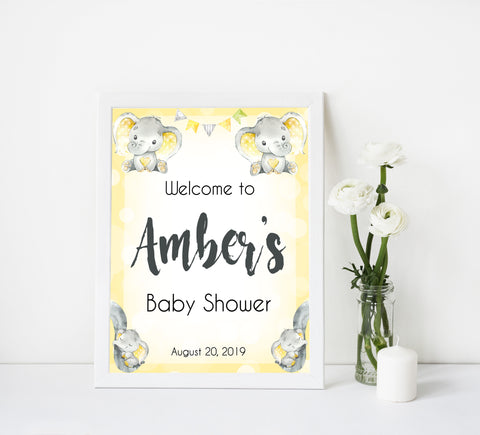 baby shower welcome sign, printable baby shower signs, baby welcome decor, yellow baby elephant baby shower, elephant baby shower