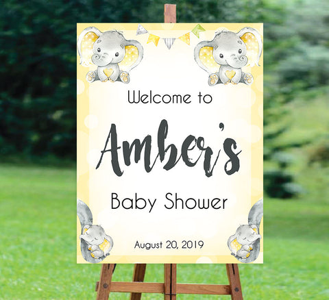 baby shower welcome sign, printable baby shower signs, baby welcome decor, yellow baby elephant baby shower, elephant baby shower