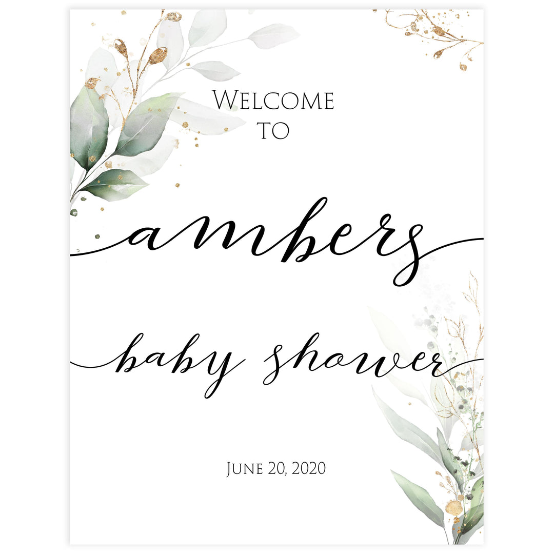 printable baby shower welcome sign, baby shower welcome signs, gold leaf baby welcome signs, gold green leaf baby decor, baby table decor
