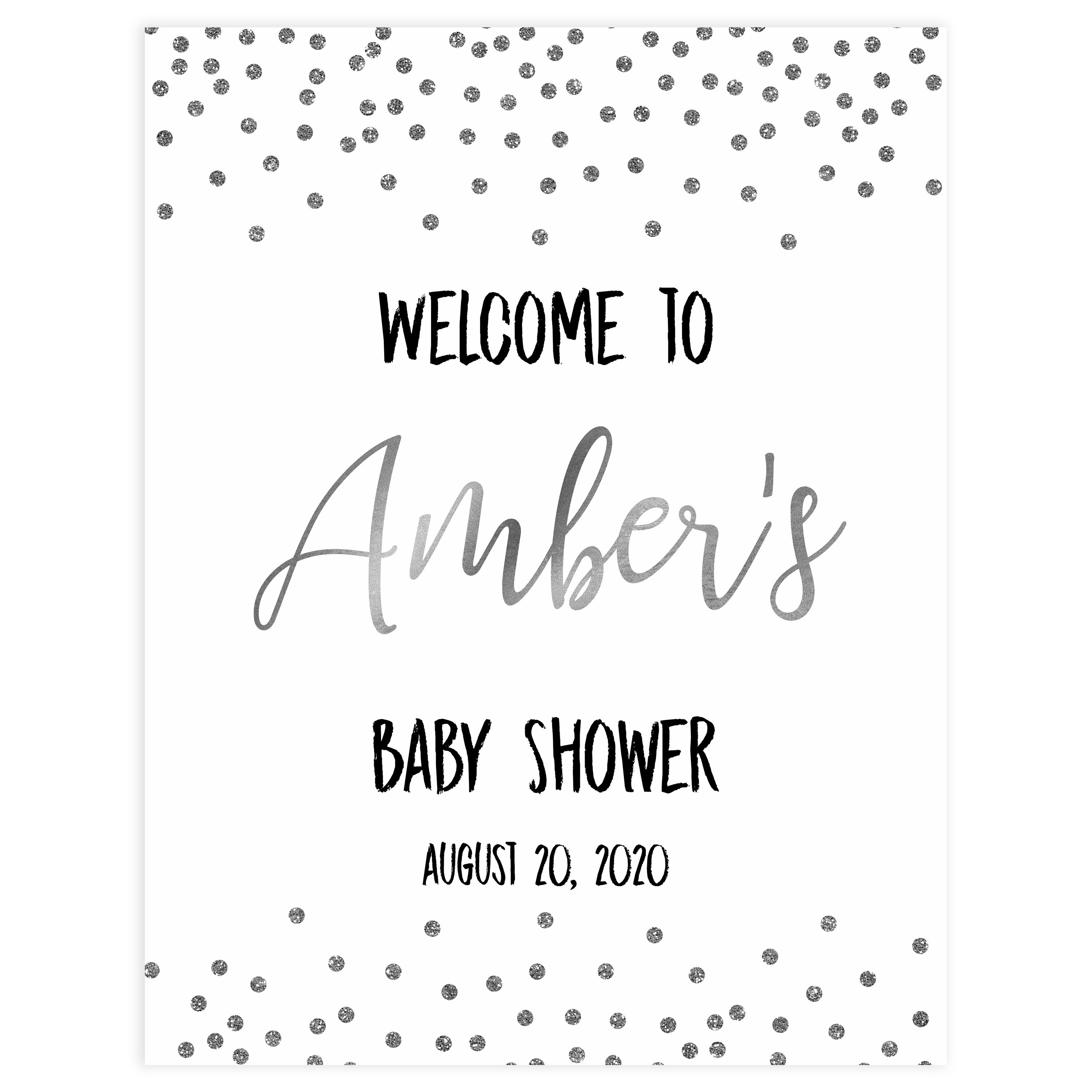 baby welcome sign, baby shower welcome sign, Baby silver glitter baby decor, printable baby table signs, printable baby decor, baby silver glitter table signs, fun baby signs, baby silver fun baby table signs