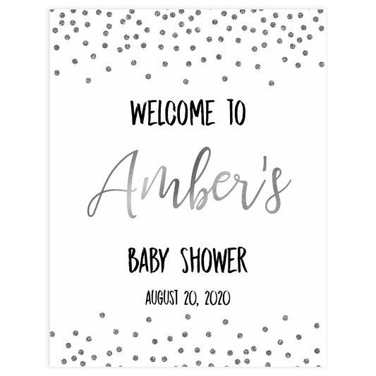 baby welcome sign, baby shower welcome sign, Baby silver glitter baby decor, printable baby table signs, printable baby decor, baby silver glitter table signs, fun baby signs, baby silver fun baby table signs