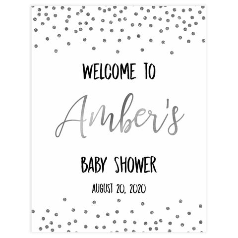 baby welcome sign, baby shower welcome sign, Baby silver glitter baby decor, printable baby table signs, printable baby decor, baby silver glitter table signs, fun baby signs, baby silver fun baby table signs