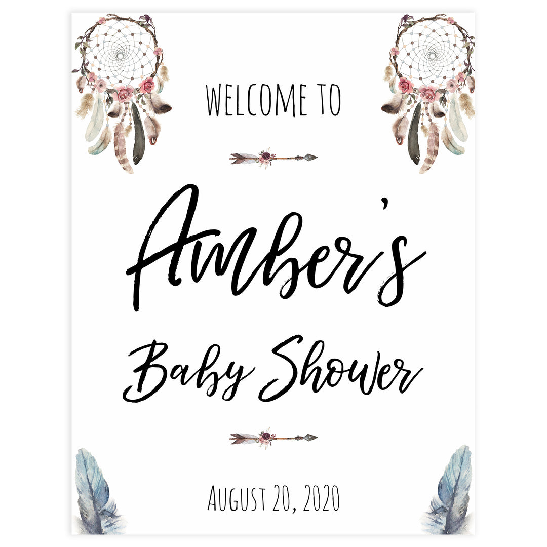 baby shower welcome sign, printable baby welcome signs, baby welcome table signs, boho baby shower decor, dreamcatcher baby decor