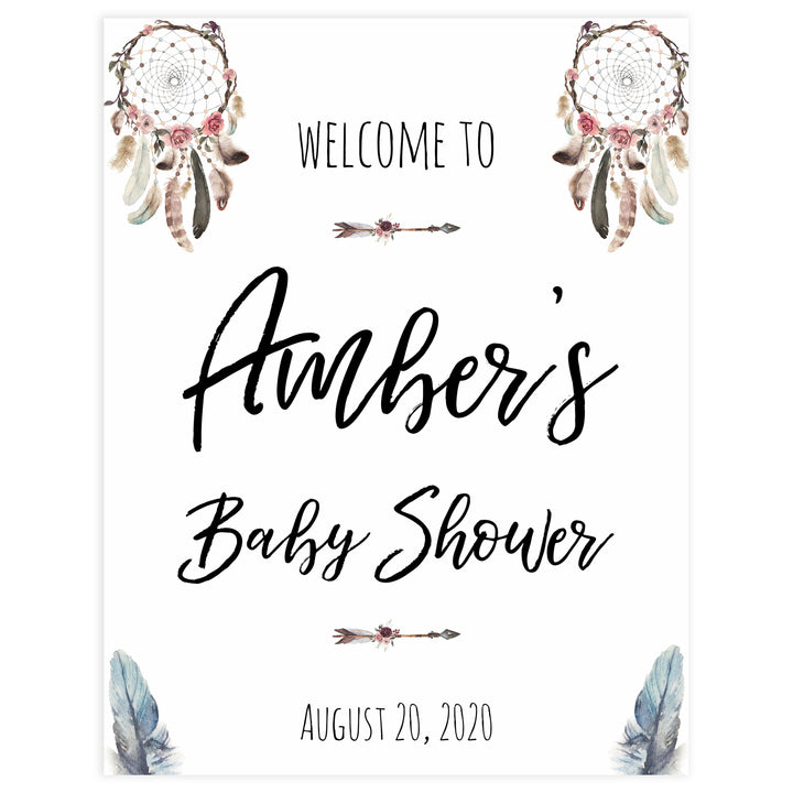 baby shower welcome sign, printable baby welcome signs, baby welcome table signs, boho baby shower decor, dreamcatcher baby decor