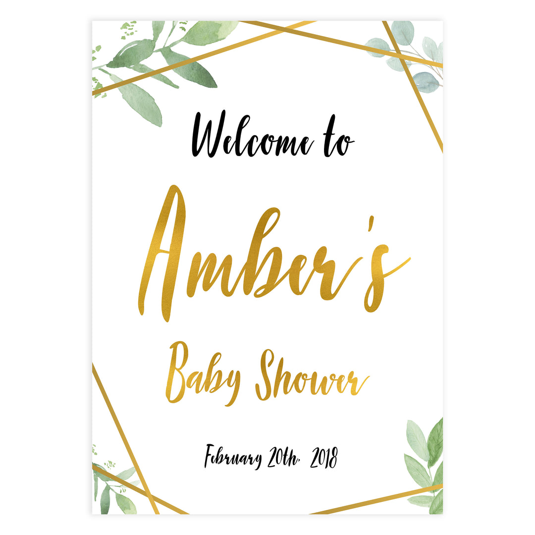 baby shower welcome sign, printable baby welcome signs, gold geometric baby signs, greenery baby signs, baby shower decor