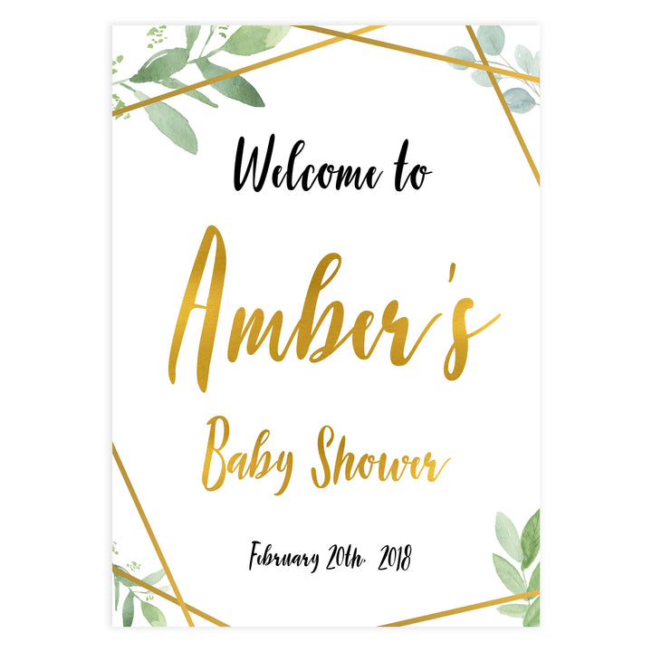 baby shower welcome sign, printable baby welcome signs, gold geometric baby signs, greenery baby signs, baby shower decor