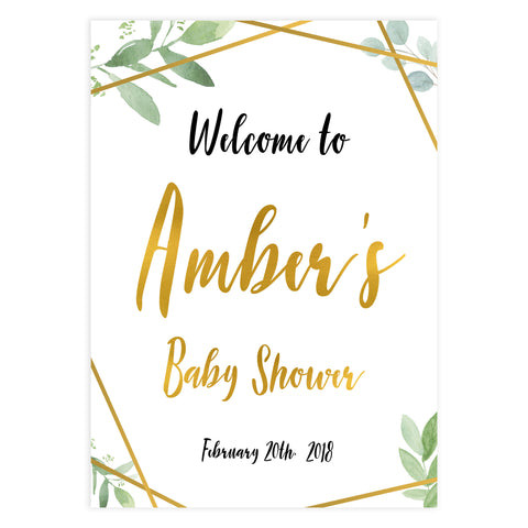 baby shower welcome sign, printable baby welcome signs, gold geometric baby signs, greenery baby signs, baby shower decor