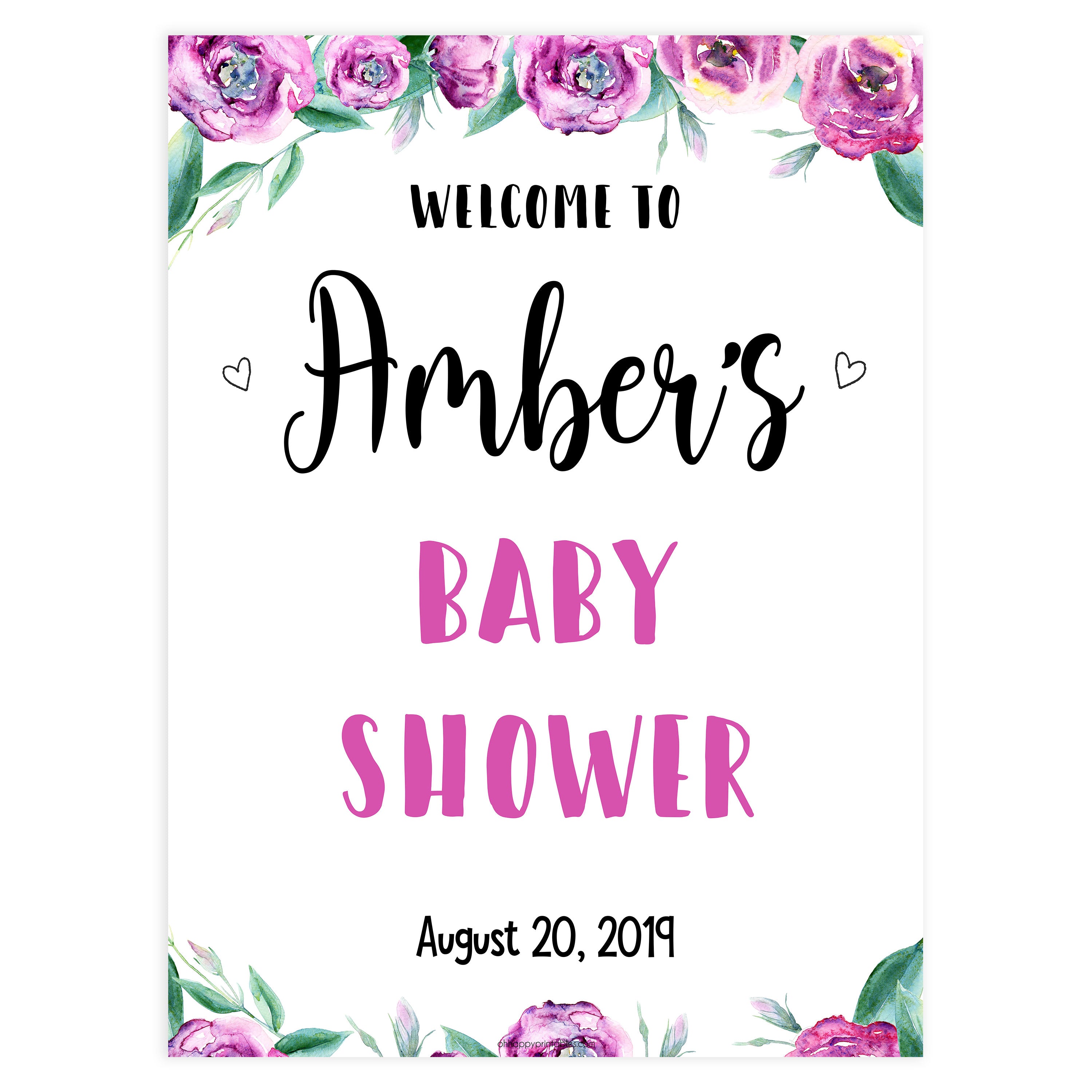 baby shower welcome sign, printable baby welcome sings, purple peonies baby shower signs, baby welcome signs