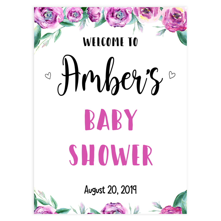 baby shower welcome sign, printable baby welcome sings, purple peonies baby shower signs, baby welcome signs