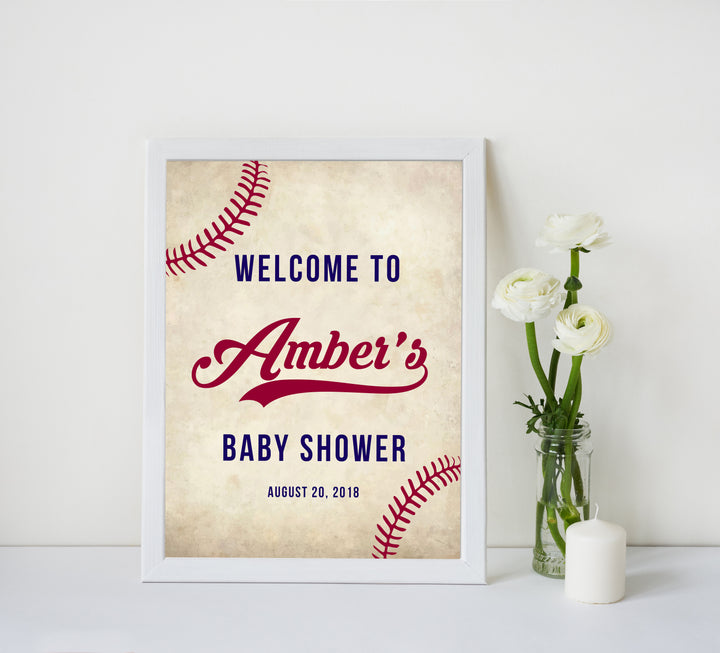 baseball baby welcome sign, printable baby shower welcome signs, little slugger baby decor, fun baby shower games, baseball baby decor