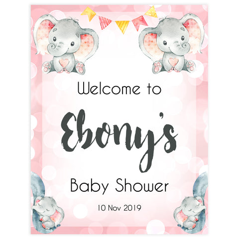pink elephants baby shower welcome sign, printable baby shower welcome signs, fun baby shower decor, pink baby shower ideas, elephant baby shower ideas
